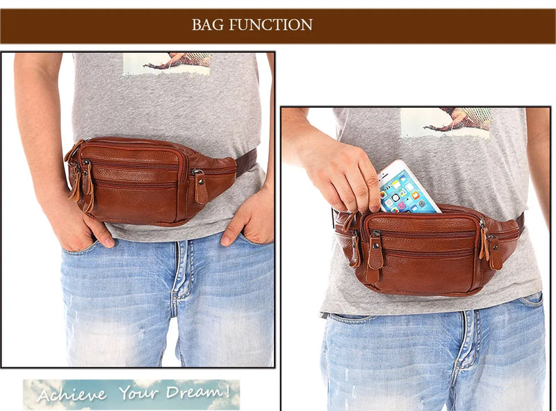 Fashion Men Genuine Leather Fanny Bag for Phone Pouch Male Leather Messenger Bags Brand Fanny Pack Male Travel Waist Bag Men - Property & Safety Tradings