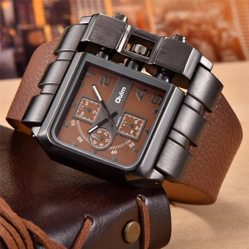 Oulm Brand 3364 Unique Design Square Men Wristwatch Wide Big Dial Casual Leather Strap Quartz Watch Male Sport Watches - Property & Safety Tradings