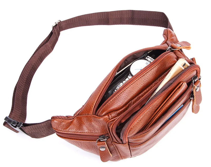 Fashion Men Genuine Leather Fanny Bag for Phone Pouch Male Leather Messenger Bags Brand Fanny Pack Male Travel Waist Bag Men - Property & Safety Tradings