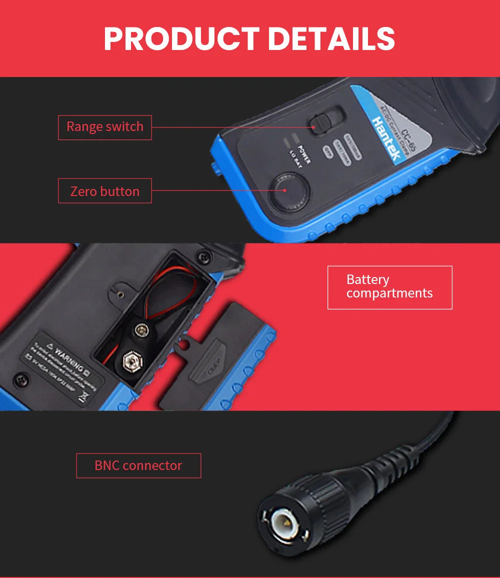 AC/DC-Stromzangenmessgerät Hantek Oszilloskope CC65 CC650 AC/DC 20 kHz 400 Hz Bandbreite 1 mV/10 mA 65 A/650 A mit BNC-Stecker