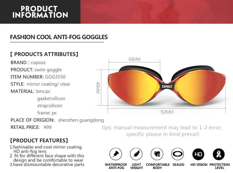 Copozz Professional Goggles Anti-Fog UV Protection Adjustable Swimming Goggles Men Women Waterproof silicone glasses Eyewear - PST PS Tradings