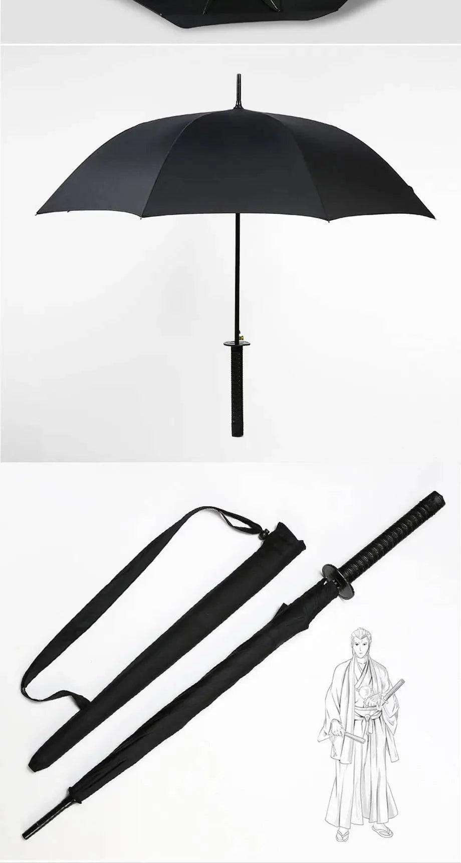 8K Creative black Japanese Long Handle Large Windproof Samurai Sword Umbrella Japan Ninja Sun Umbrella Straight Umbrella Open - Property & Safety Tradings