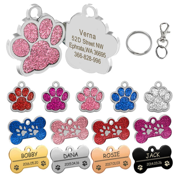 Personalized Dog Tags Engraved Cat Puppy Pet ID Name Collar Tag Pendant Pet Accessories Bone/Paw Glitter - PST PS Tradings