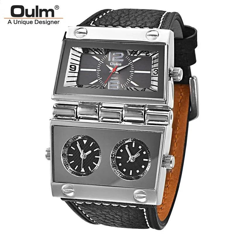 New Men Dual Display Sports Watches Oulm Men Watch Fold Big Size Fashion Outdoor Clock Leather Quartz Watch Relogio Masculino - Property & Safety Tradings