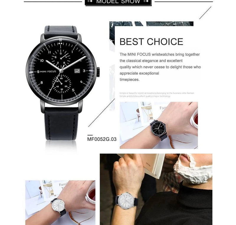 MINI FOCUS Men Watch Top Brand Luxury Quartz Watches Mens Casual Fashion Genuine Leather Male Wristwatch New Waterproof Clock - Property & Safety Tradings