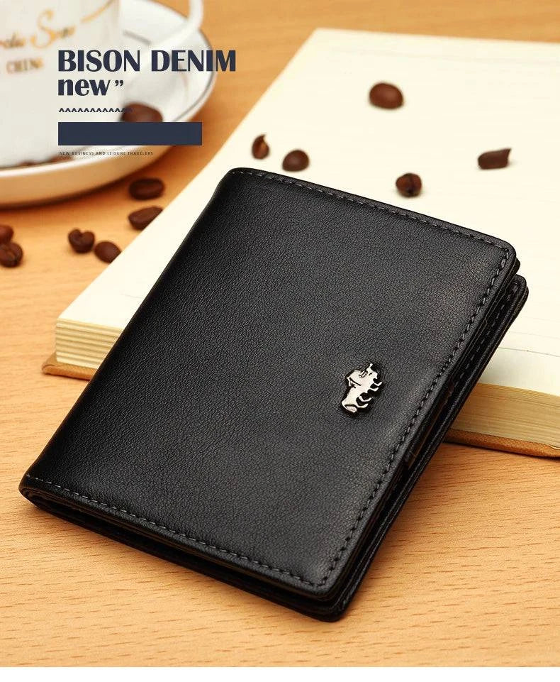 BISON DENIM Fashion Purse Men's Genuine Leather Wallet RFID Blocking Mini Wallet Male Card Holder Small Zipper Coin Purse W9317 - Property & Safety Tradings