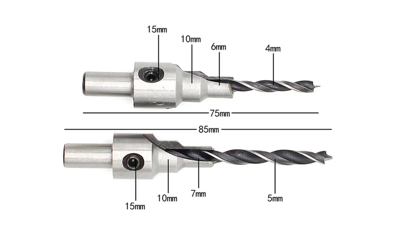 2pc Countersink Drilling 3 Steps Pilot Drill Bits Set Reamer Screw Wood Window Hinge Hole Saw Chamfer 4 6 5 7mm steps 8mm Shank