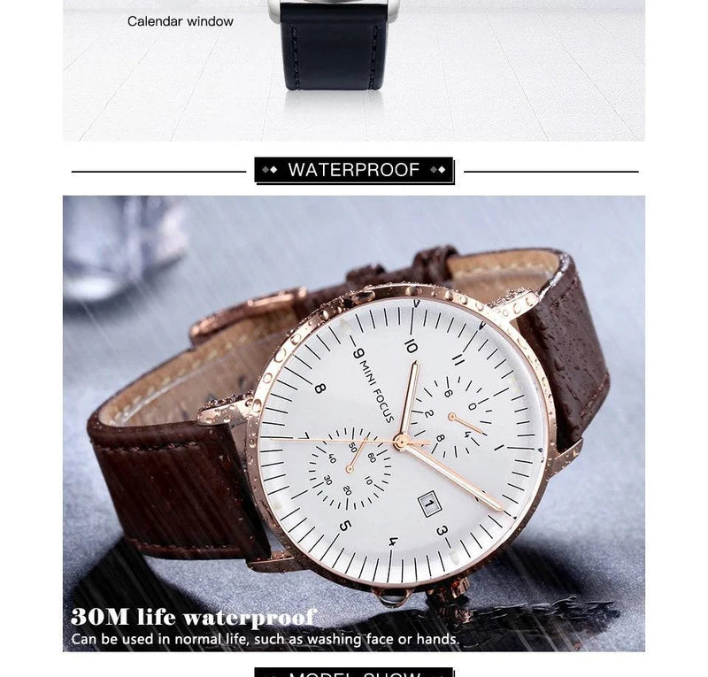 MINI FOCUS Men Watch Top Brand Luxury Quartz Watches Mens Casual Fashion Genuine Leather Male Wristwatch New Waterproof Clock - Property & Safety Tradings