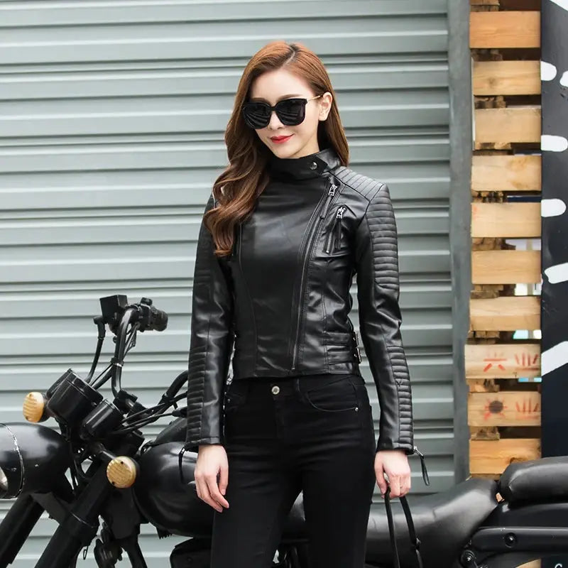 Fitaylor Spring Autumn Women Punk Leather Jacket PU Faux Leather Jackets Basic Bomber Leather Motorcycle Black Coat - Property & Safety Tradings