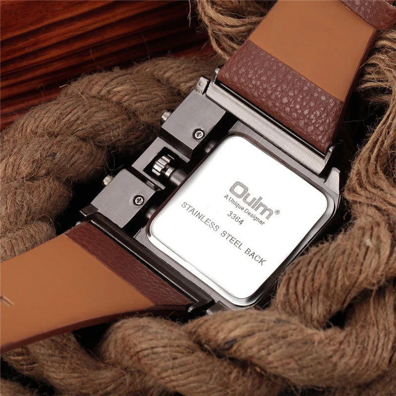 Oulm Brand 3364 Unique Design Square Men Wristwatch Wide Big Dial Casual Leather Strap Quartz Watch Male Sport Watches - Property & Safety Tradings