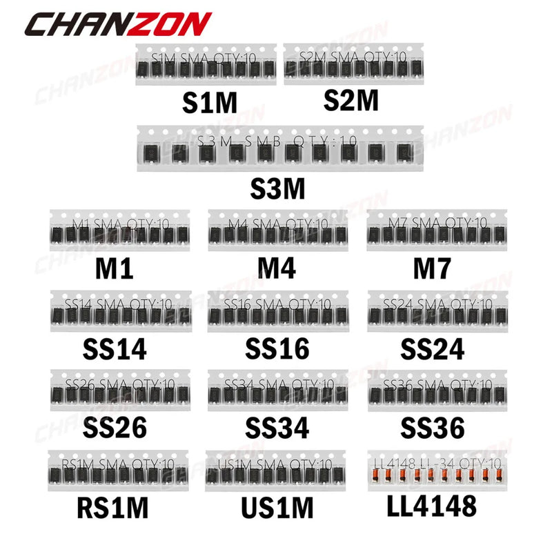 SMD Fast Switching Schottky Diode Assorted Kit Set M1 M4 M7 S1M S2M S3M SS14 SS16 SS24 SS26 SS34 SS36 RS1M US1M LL4148 - PST PS Tradings