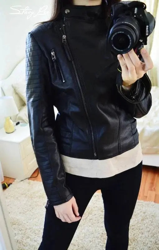 Fitaylor Spring Autumn Women Punk Leather Jacket PU Faux Leather Jackets Basic Bomber Leather Motorcycle Black Coat - Property & Safety Tradings