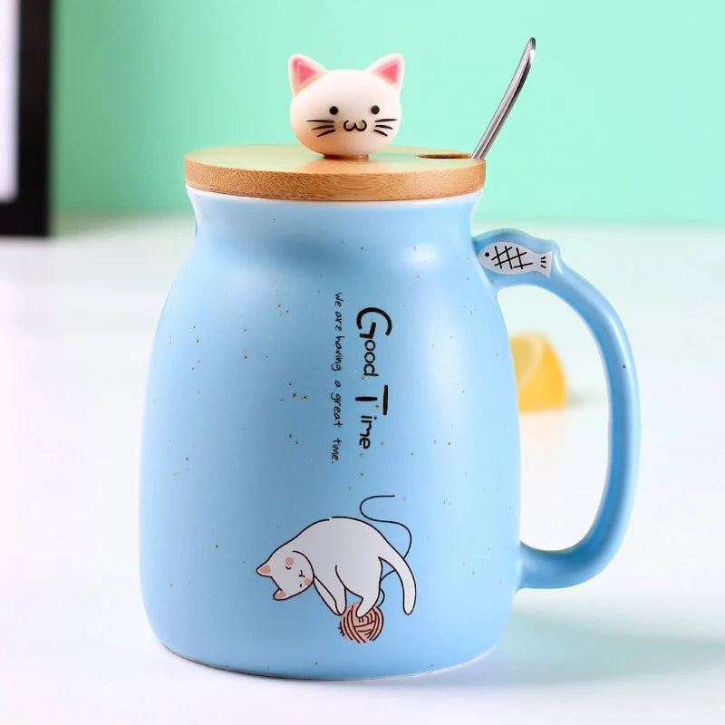 Creative color cat heat-resistant Mug cartoon with lid 450ml cup kitten coffee ceramic mugs children cup office Drinkware gift - PST PS Tradings