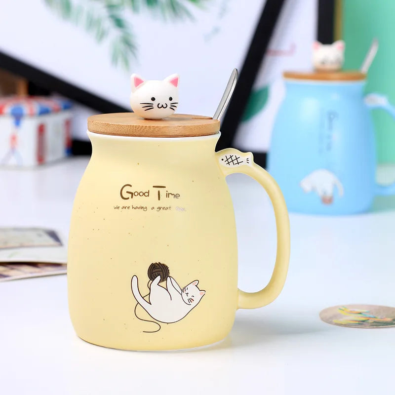 Creative color cat heat-resistant Mug cartoon with lid 450ml cup kitten coffee ceramic mugs children cup office Drinkware gift - PST PS Tradings