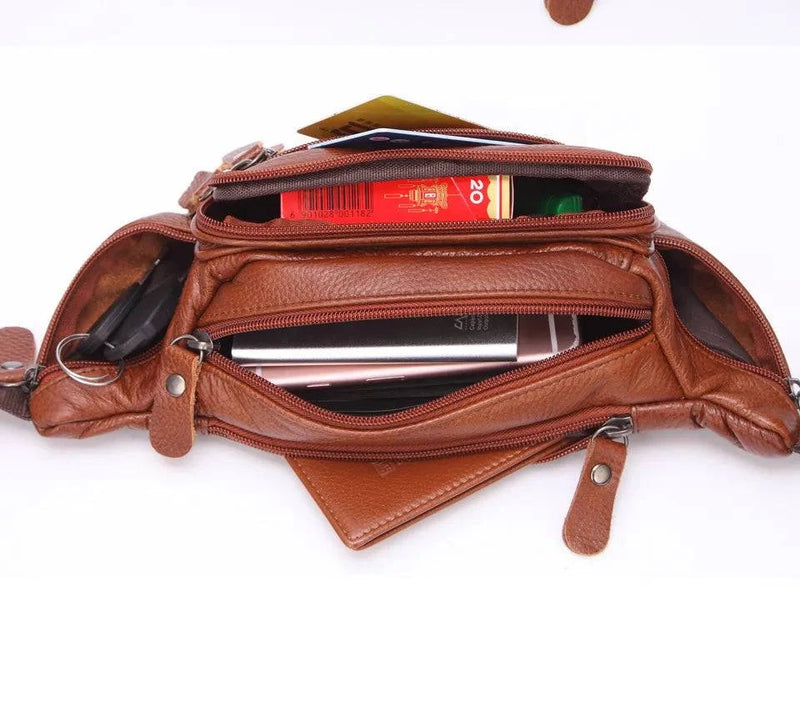 Fashion Men Genuine Leather Fanny Bag for Phone Pouch Male Leather Messenger Bags Brand Fanny Pack Male Travel Waist Bag Men - Property & Safety Tradings