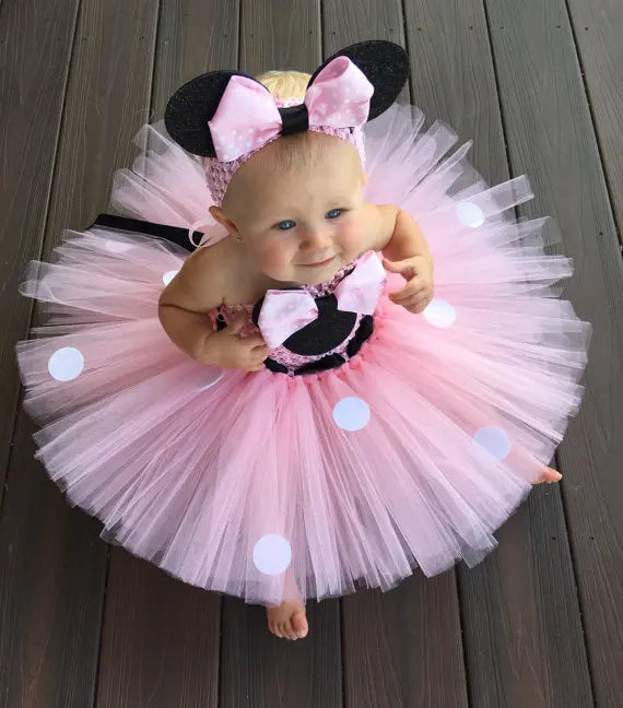 Cute Girls Pink Mickey Tutu Dress Baby Crochet Tulle Dress with White Dots and Hairbow Kids Birthday Party Cartoon Cosplay Dress - PST PS Tradings