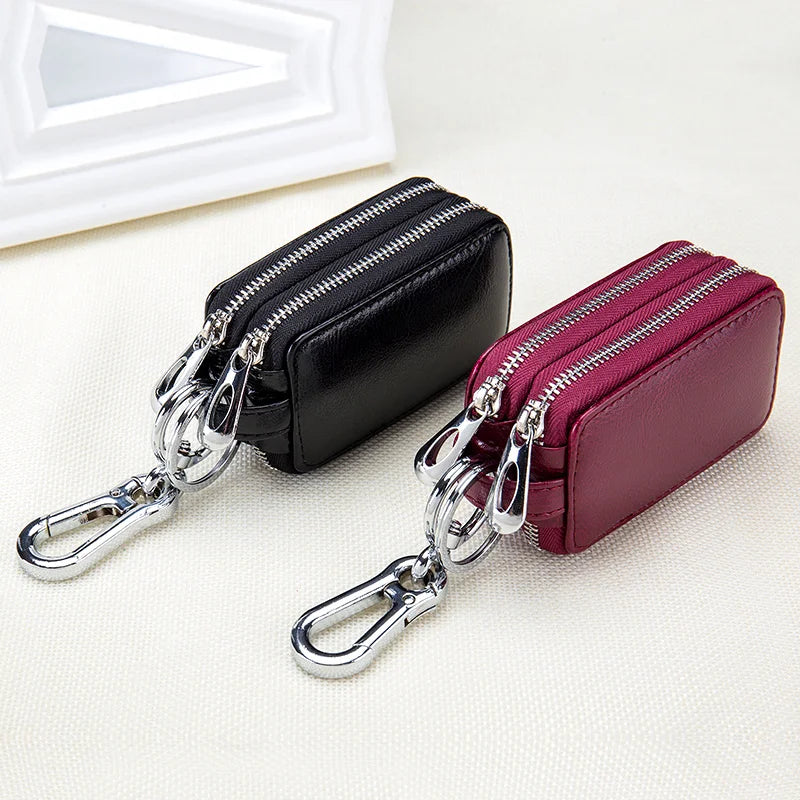 Genuine Cow Leather Home Car Keys' Bag Double Pocket Zipper Mini Wallet Earth Yellow Men Women's Key Holder Transparent Pocket - PST PS Tradings