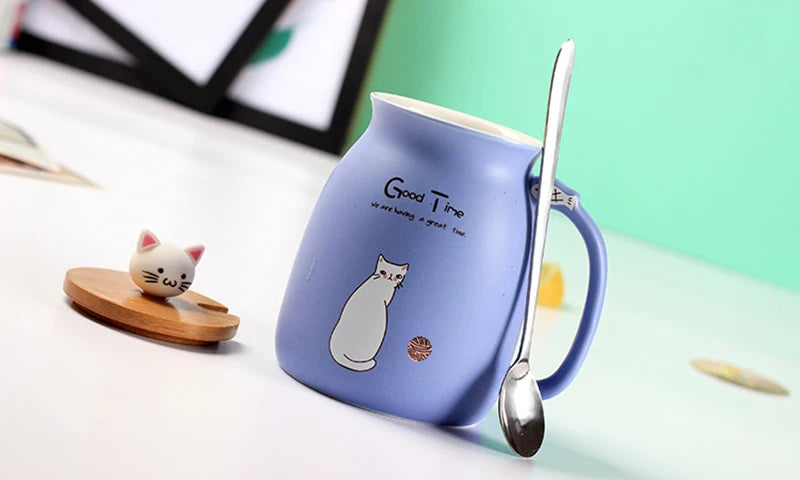 Creative color cat heat-resistant Mug cartoon with lid 450ml cup kitten coffee ceramic mugs children cup office Drinkware gift - PST PS Tradings