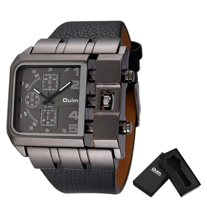 Oulm Brand 3364 Unique Design Square Men Wristwatch Wide Big Dial Casual Leather Strap Quartz Watch Male Sport Watches - Property & Safety Tradings