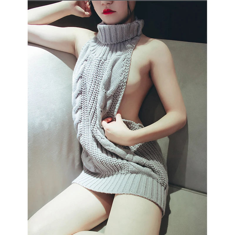 FORERUN Fall 2021 Fashion Virgin Killer Sweater Korean Off Shoulder Knitting Womens Sweaters Turtleneck Backless Sexy Pullovers