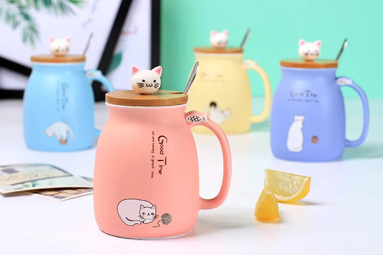 Creative color cat heat-resistant Mug cartoon with lid 450ml cup kitten coffee ceramic mugs children cup office Drinkware gift - PST PS Tradings