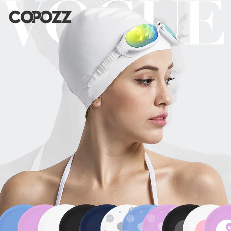 Copozz Elastic Silicon Rubber Waterproof Protect Ears Long Hair Sports Swim Pool Hat Large Size Swimming Cap for Men Women Adult - PST PS Tradings