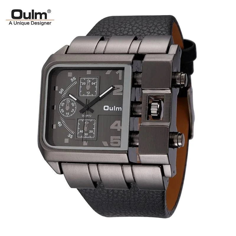 Oulm Brand 3364 Unique Design Square Men Wristwatch Wide Big Dial Casual Leather Strap Quartz Watch Male Sport Watches - Property & Safety Tradings