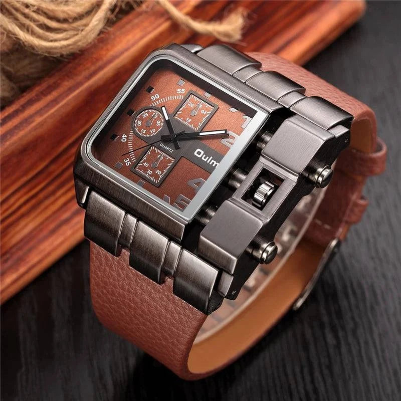 Oulm Brand 3364 Unique Design Square Men Wristwatch Wide Big Dial Casual Leather Strap Quartz Watch Male Sport Watches - Property & Safety Tradings