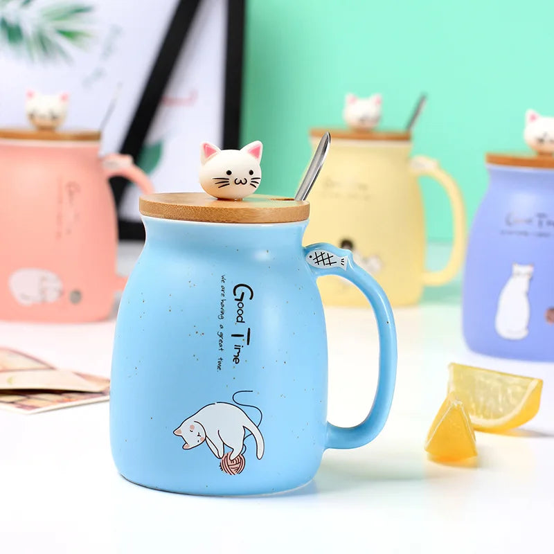 Creative color cat heat-resistant Mug cartoon with lid 450ml cup kitten coffee ceramic mugs children cup office Drinkware gift - PST PS Tradings