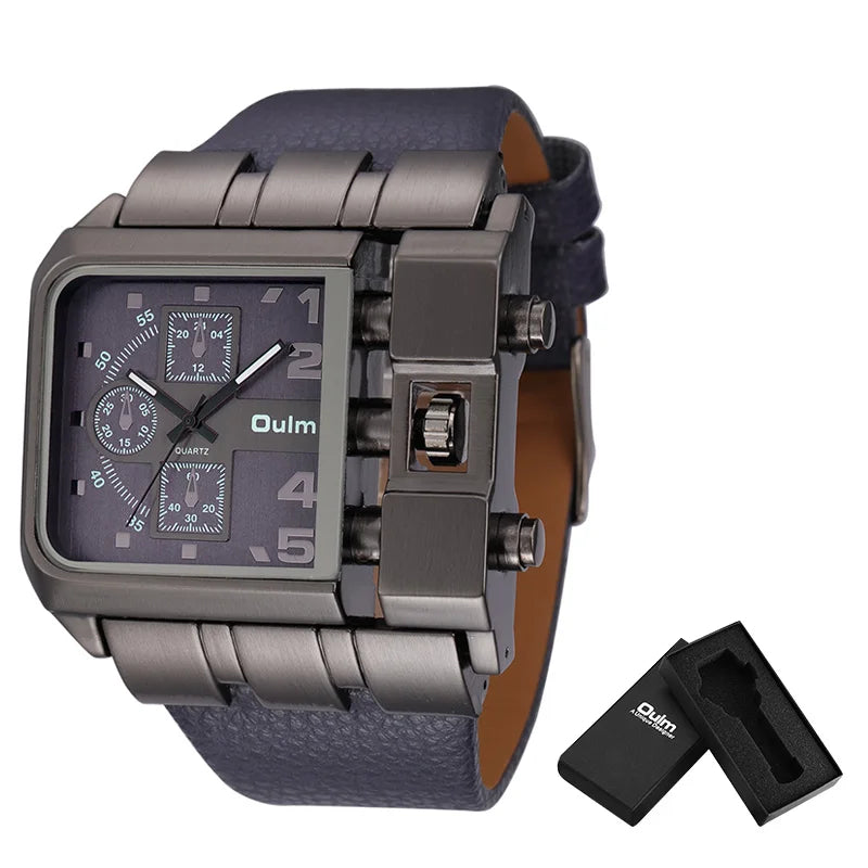 Oulm Brand 3364 Unique Design Square Men Wristwatch Wide Big Dial Casual Leather Strap Quartz Watch Male Sport Watches - Property & Safety Tradings