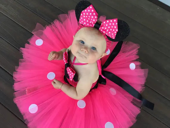 Cute Girls Pink Mickey Tutu Dress Baby Crochet Tulle Dress with White Dots and Hairbow Kids Birthday Party Cartoon Cosplay Dress - PST PS Tradings