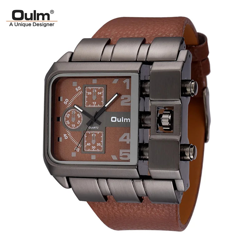 Oulm Brand 3364 Unique Design Square Men Wristwatch Wide Big Dial Casual Leather Strap Quartz Watch Male Sport Watches - Property & Safety Tradings