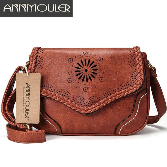 Annmouler Brand Women Shoulder Bag Vintage Pu Leather Crossbody Bag Hollow Out Ladies Satchel Bag Brown Retro Handbag for Girls - Property & Safety Tradings