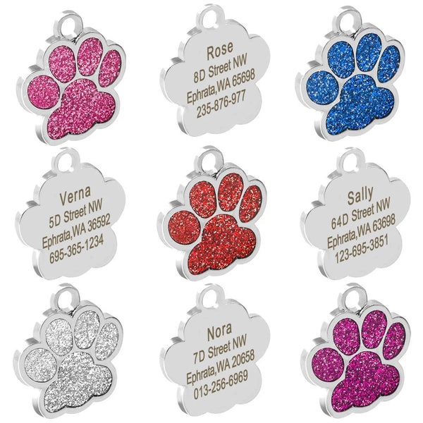 Personalized Dog Tags Engraved Cat Puppy Pet ID Name Collar Tag Pendant Pet Accessories Bone/Paw Glitter - PST PS Tradings