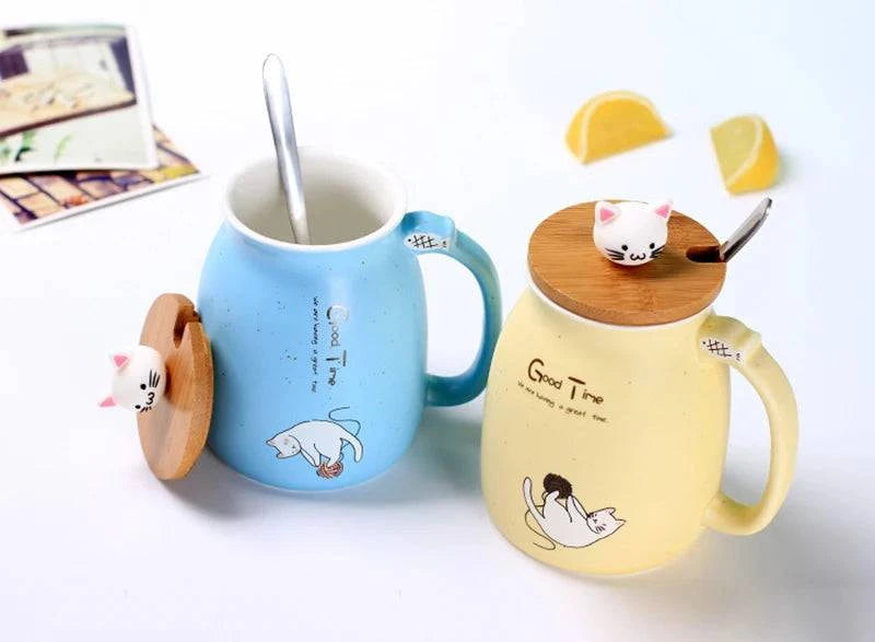 Creative color cat heat-resistant Mug cartoon with lid 450ml cup kitten coffee ceramic mugs children cup office Drinkware gift - PST PS Tradings