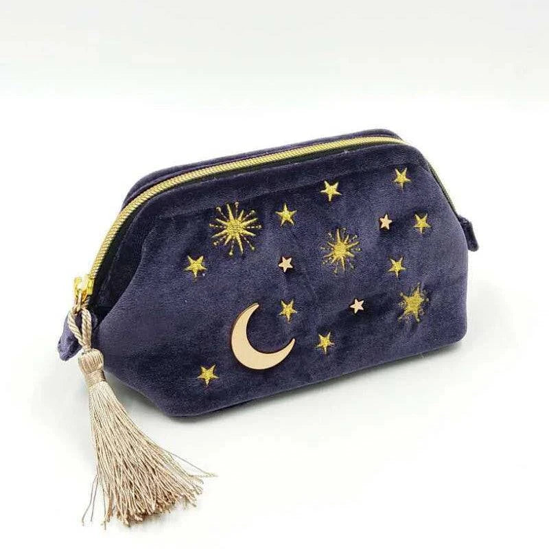 Cute Velvet Embroidery Cosmetic Bag Travel Organizer Women Makeup Bag Zipper Make Up Pouch with Moon Star Tassel Deco - PST PS Tradings