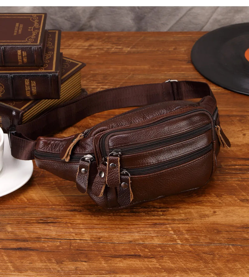 Fashion Men Genuine Leather Fanny Bag for Phone Pouch Male Leather Messenger Bags Brand Fanny Pack Male Travel Waist Bag Men - Property & Safety Tradings