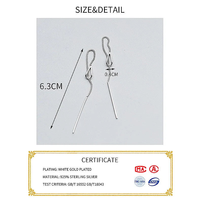 INZATT 925 Sterling Silver 6.3cm Long Tassel Chain Sticker Bar Dangle Drop Earrings For Women Fashion Jewelry Wedding Gift - PST PS Tradings