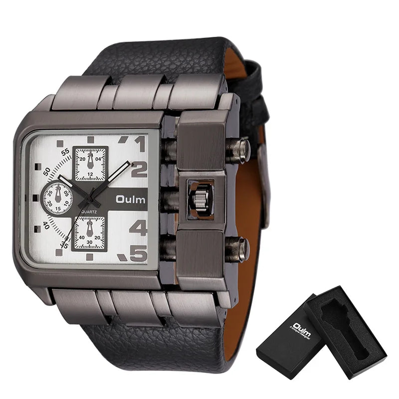 Oulm Brand 3364 Unique Design Square Men Wristwatch Wide Big Dial Casual Leather Strap Quartz Watch Male Sport Watches - Property & Safety Tradings