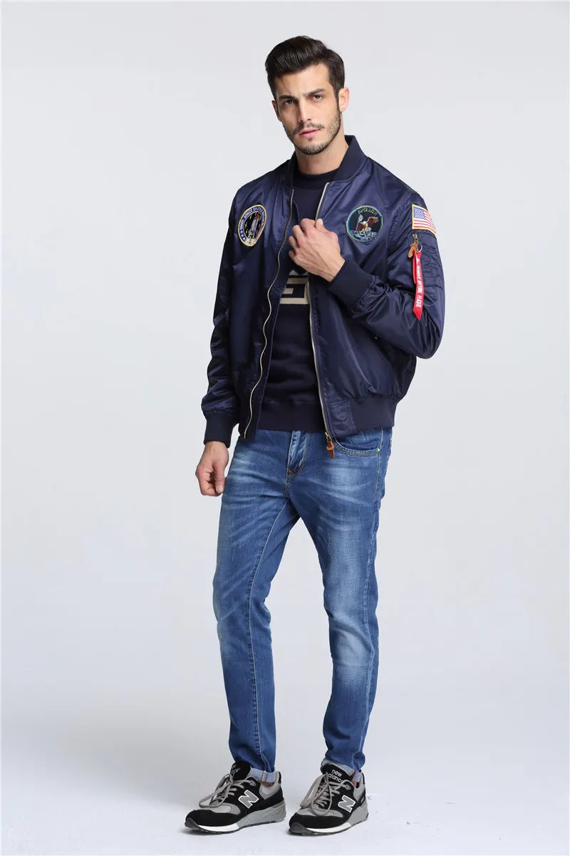 2023 New Autumn Apollo Thin 100th SPACE SHUTTLE MISSION Thin MA1 Bomber Hiphop US Air Force Pilot Flight College Jacket For Men