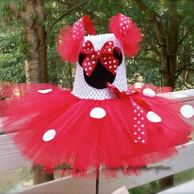 Cute Girls Pink Mickey Tutu Dress Baby Crochet Tulle Dress with White Dots and Hairbow Kids Birthday Party Cartoon Cosplay Dress - PST PS Tradings