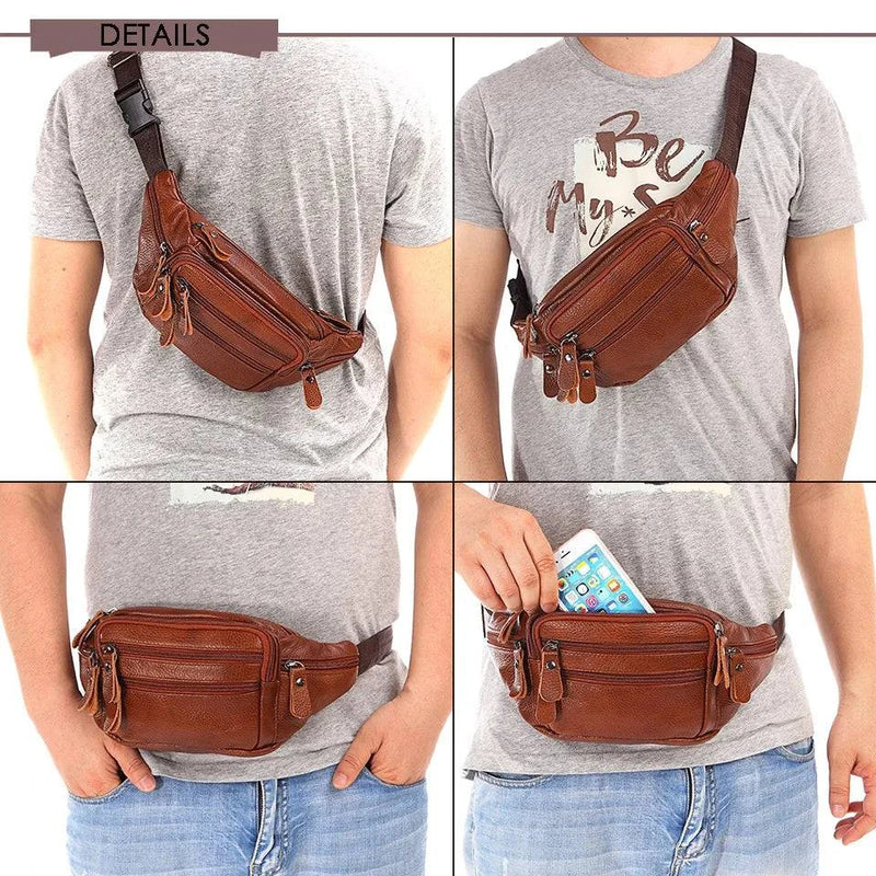 Fashion Men Genuine Leather Fanny Bag for Phone Pouch Male Leather Messenger Bags Brand Fanny Pack Male Travel Waist Bag Men - Property & Safety Tradings