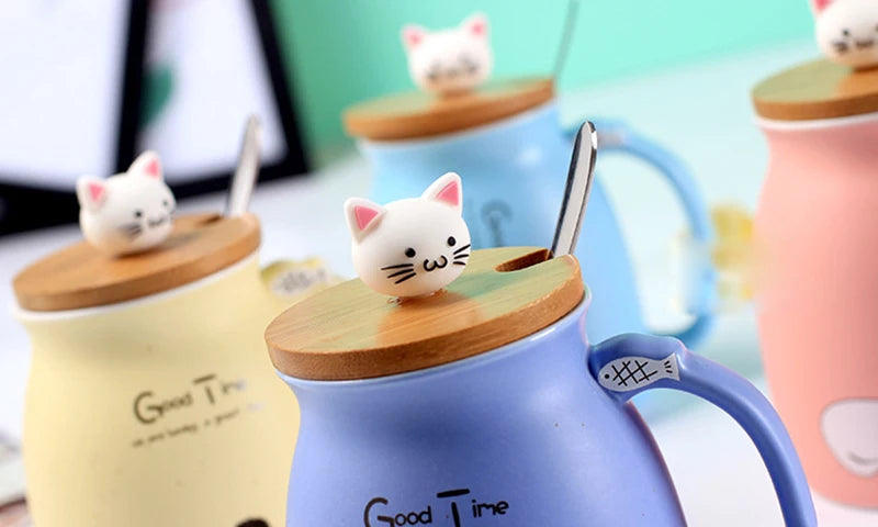 Creative color cat heat-resistant Mug cartoon with lid 450ml cup kitten coffee ceramic mugs children cup office Drinkware gift - PST PS Tradings