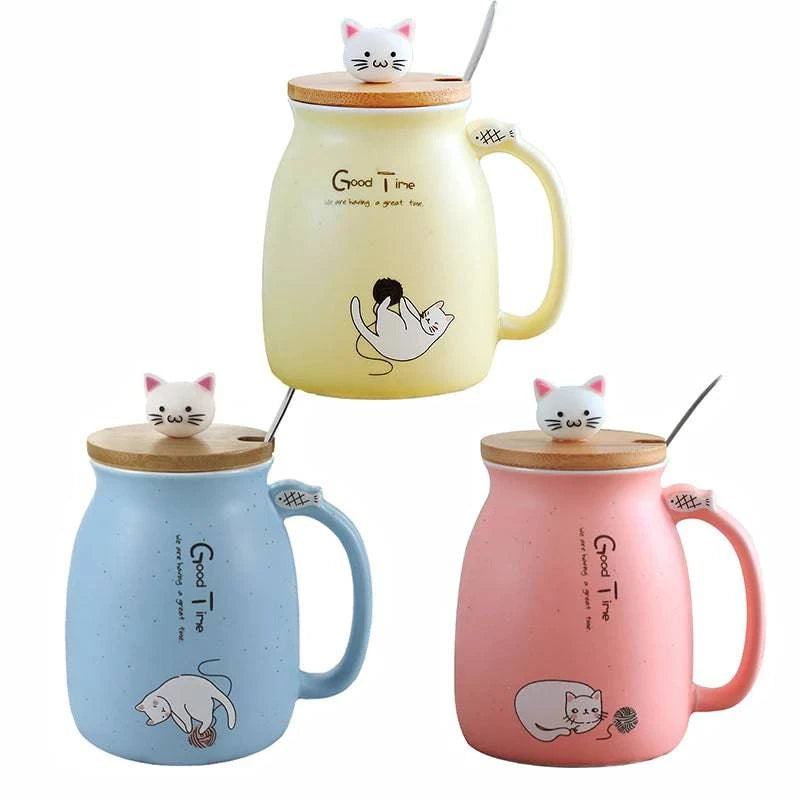 Creative color cat heat-resistant Mug cartoon with lid 450ml cup kitten coffee ceramic mugs children cup office Drinkware gift - PST PS Tradings