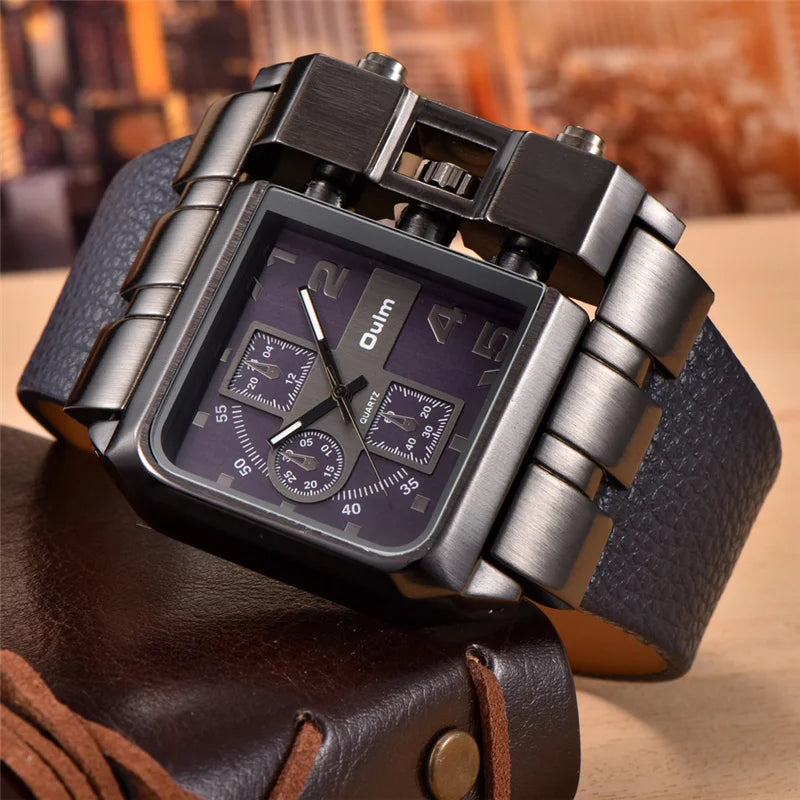 Oulm Brand 3364 Unique Design Square Men Wristwatch Wide Big Dial Casual Leather Strap Quartz Watch Male Sport Watches - Property & Safety Tradings