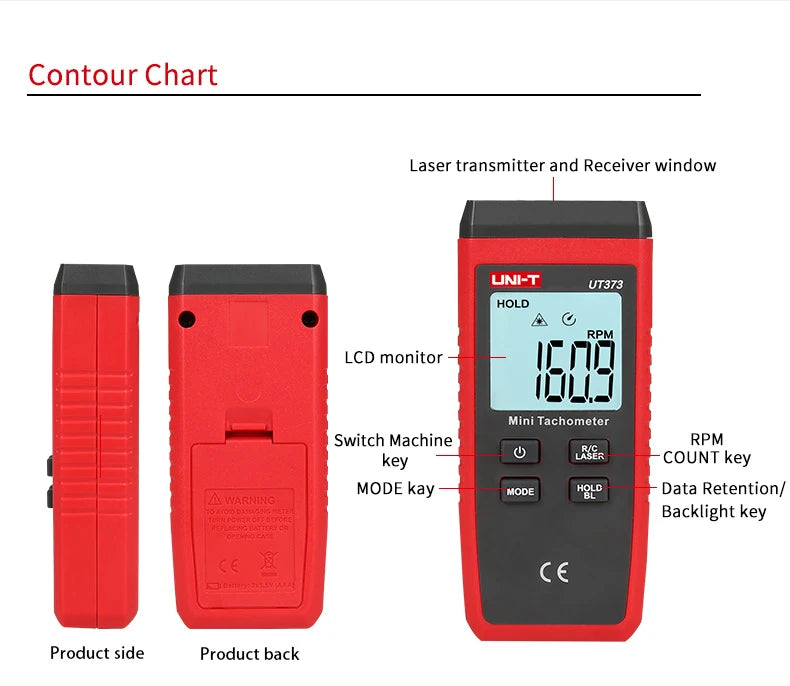 UNI-T Mini Digital Laser Tachometer UT373 Non-Contact Tachometer RPM Range 10-99999RPM Tachometer Odometer Backlight