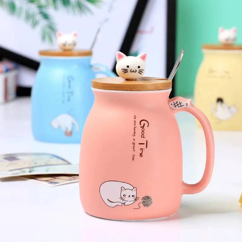 Creative color cat heat-resistant Mug cartoon with lid 450ml cup kitten coffee ceramic mugs children cup office Drinkware gift - PST PS Tradings