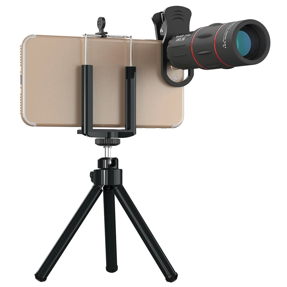 APEXEL Universal 18x25 Monokular Zoom HD Optisches Handyobjektiv Beobachtungsvermessung 18X Teleobjektiv mit Stativ für Smartphone