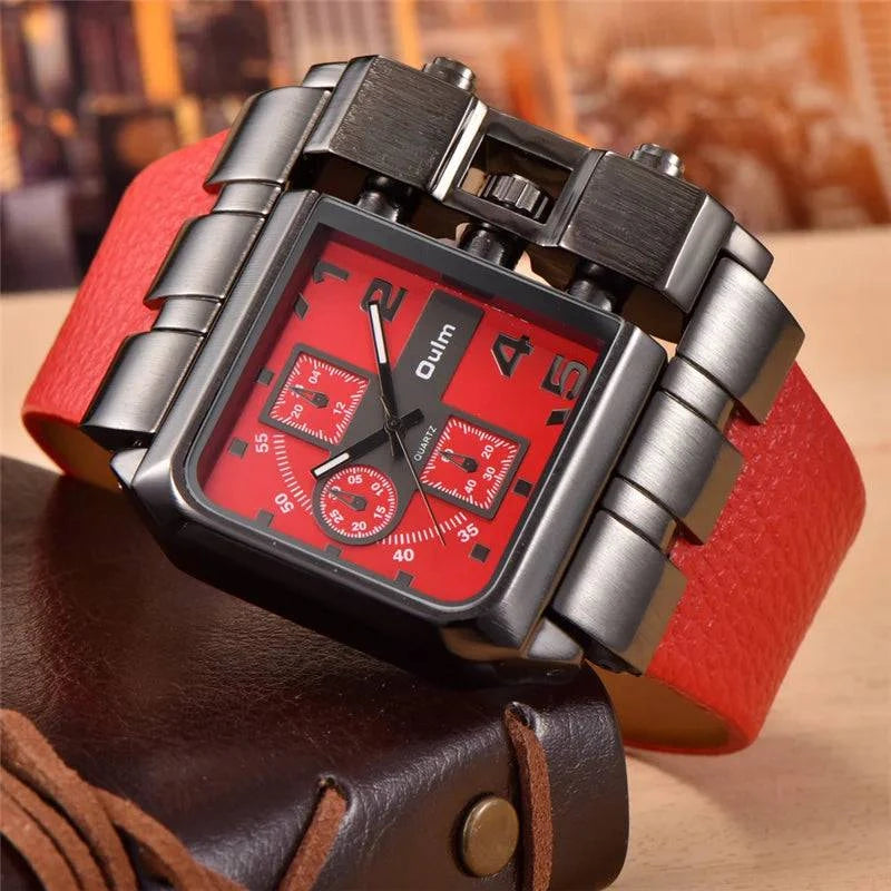 Oulm Brand 3364 Unique Design Square Men Wristwatch Wide Big Dial Casual Leather Strap Quartz Watch Male Sport Watches - Property & Safety Tradings