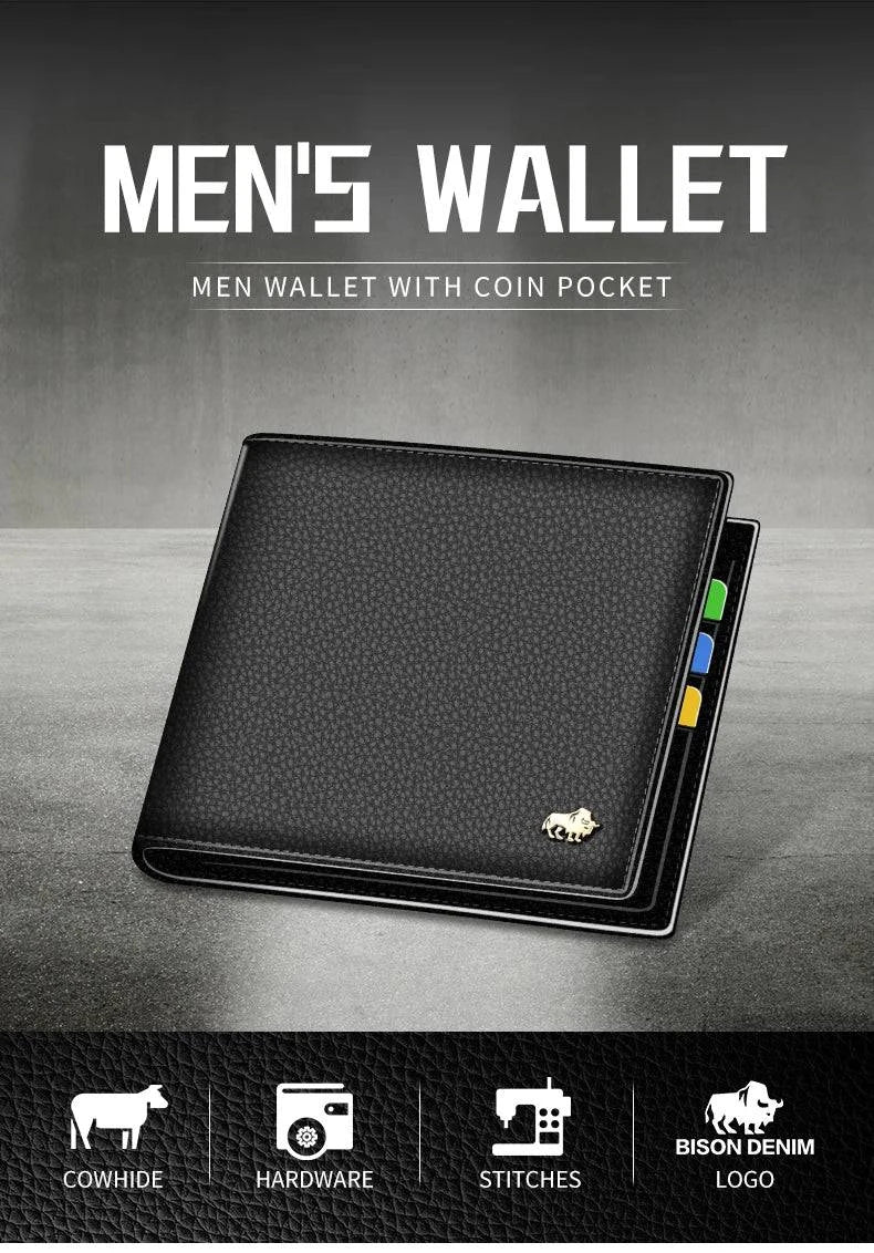 BISON DENIM Genuine Leather Men Wallets Brand Luxury RFID Bifold Wallet Zipper Coin Purse Business Card Holder Wallet N4470 - PST PS Tradings